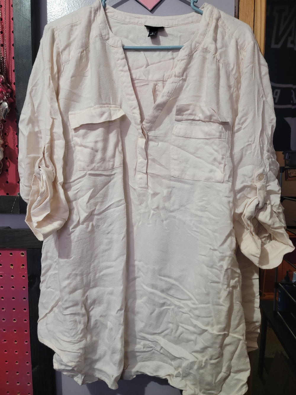 torrid Cream V-Neck Roll-Tab Tunic with Chest Pockets